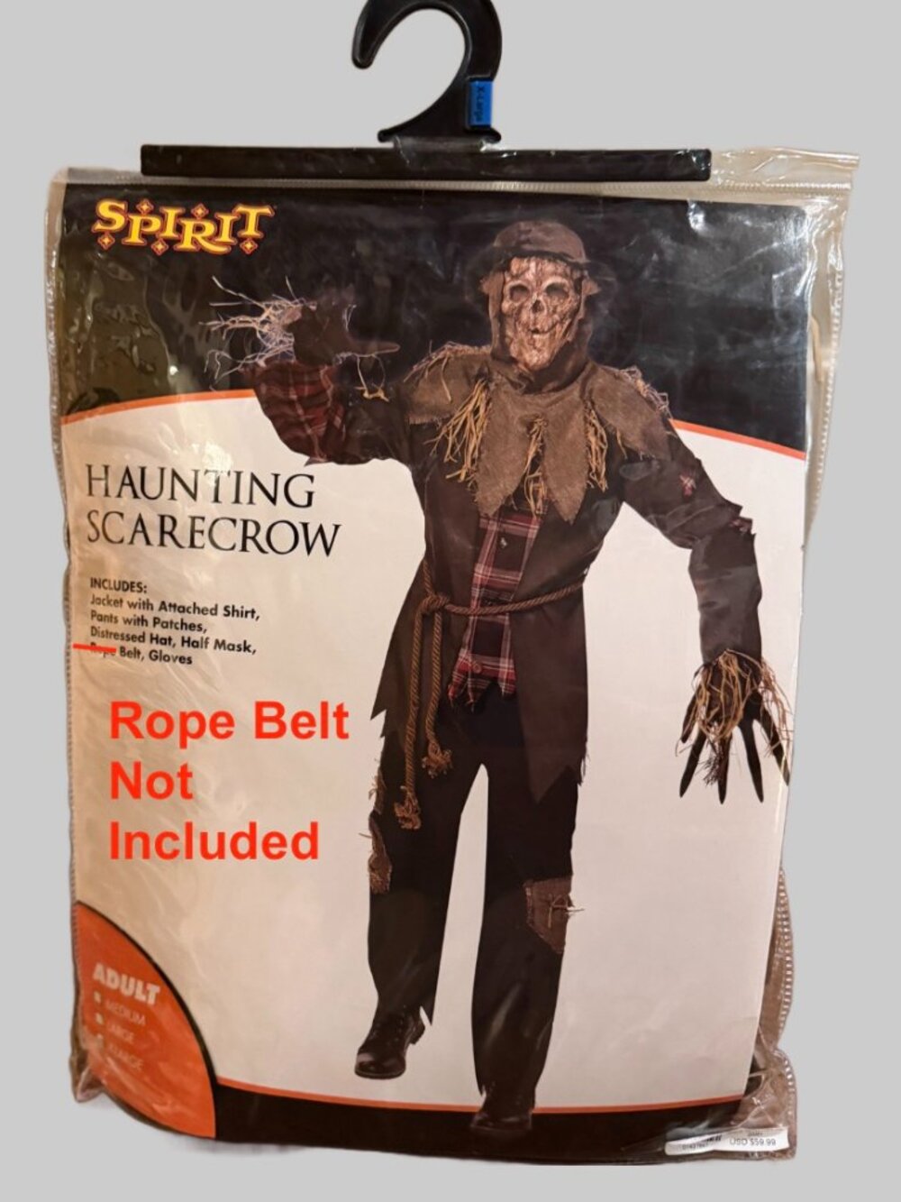Spirit Halloween Haunting Scarecrow Costume Adult XL Mask Hat Gloves EUC